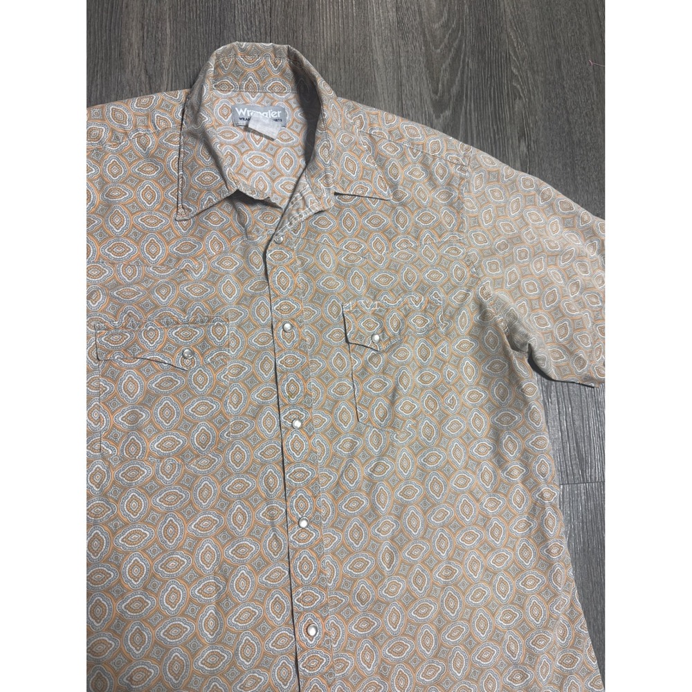 Vintage Wrangler Wrancher Mens Tan Grey Medallion Pearl Snap Western Shirt XL